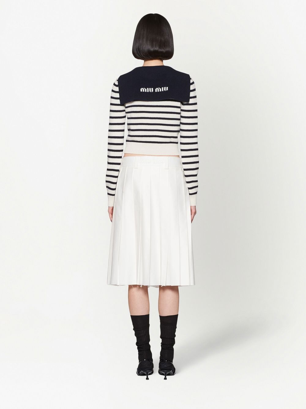 Shop Miu Miu Striped Cashmere Spread-collar Cardigan In White