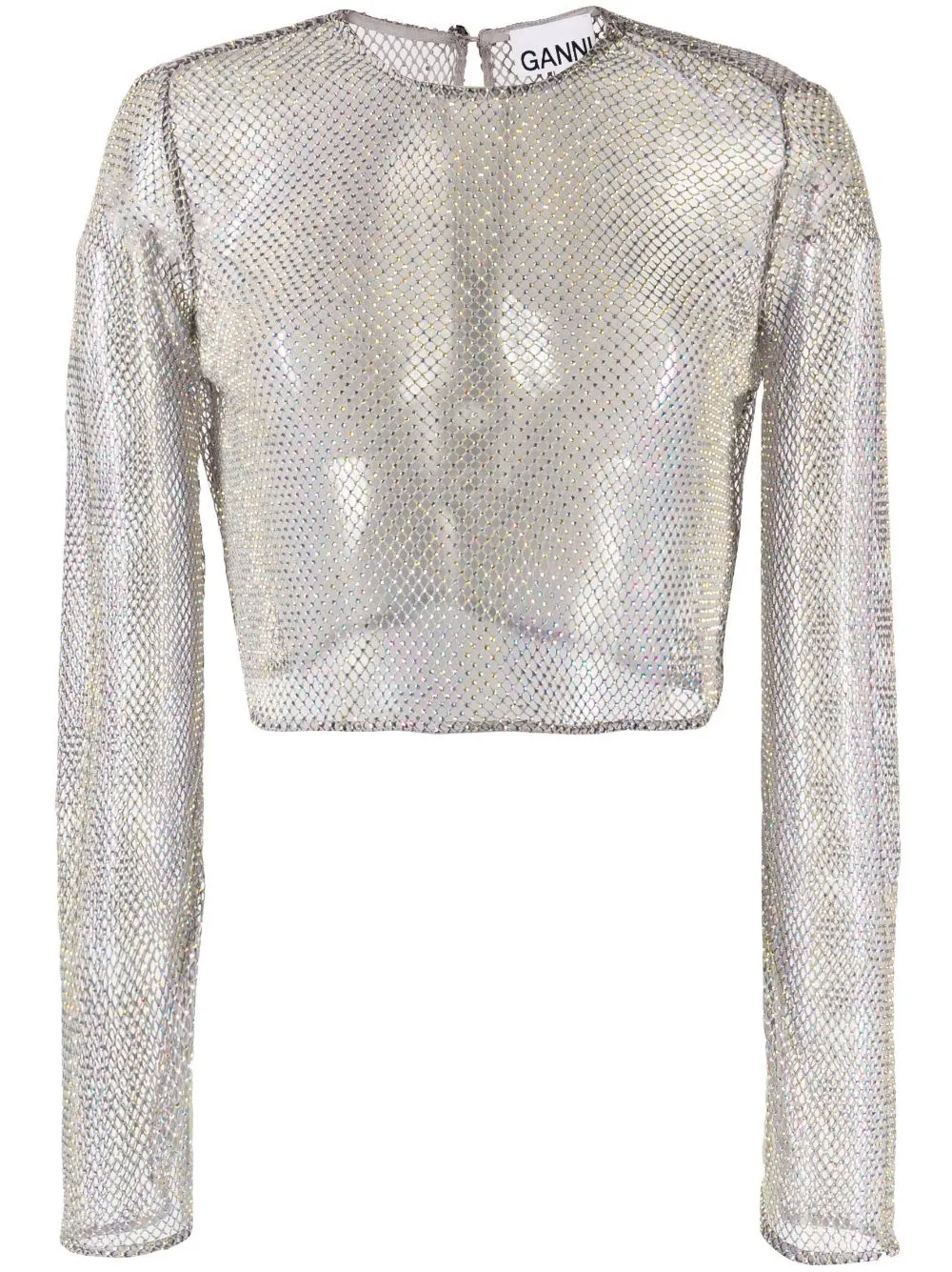 Ganni Embellished Mesh Blouse In Grey