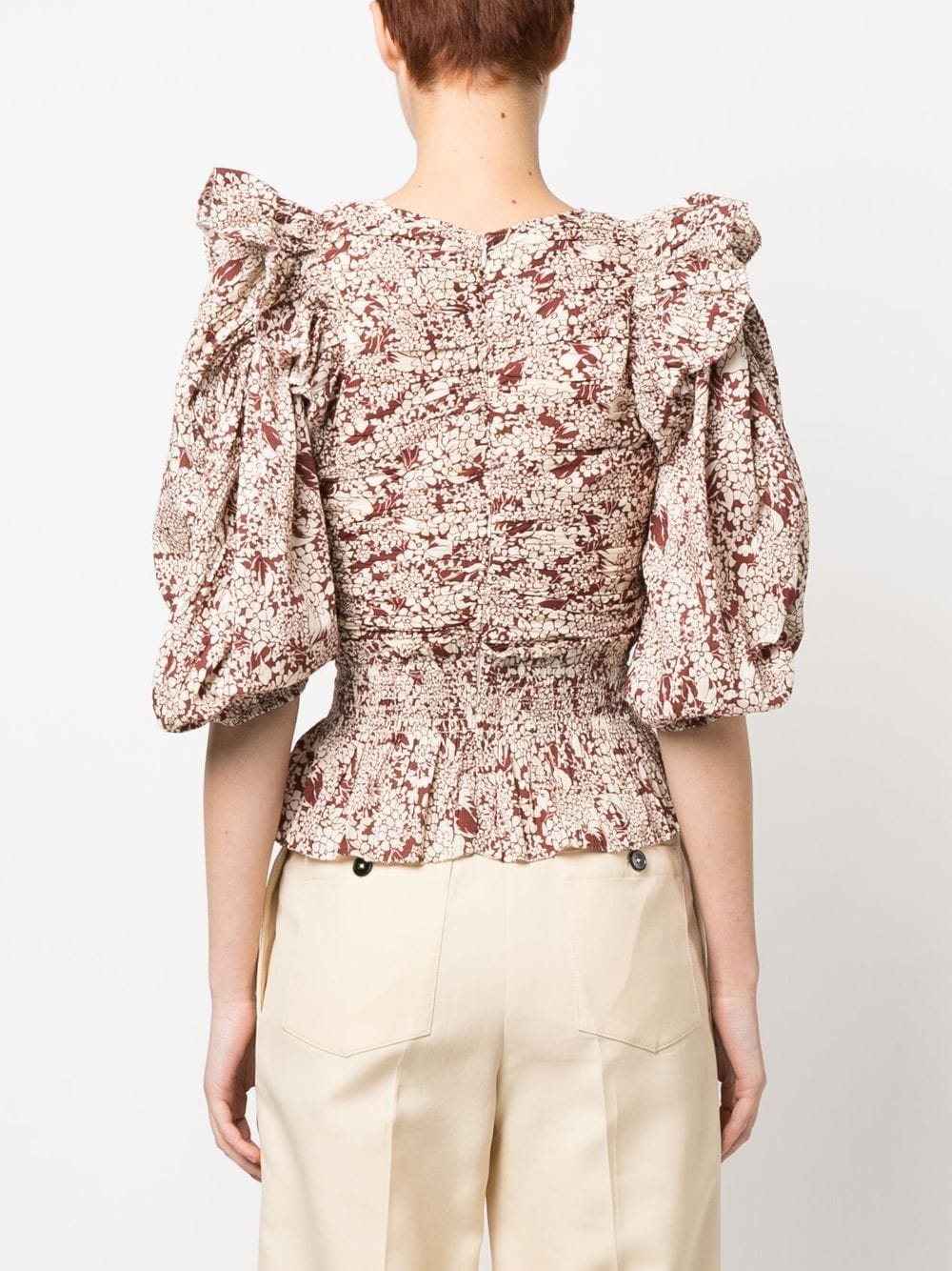 Shop Sea Floral-print Puff-sleeves Blouse In 中性色