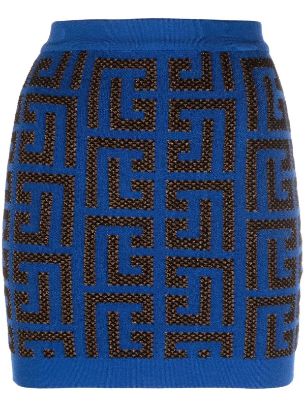 Balmain Monogram-pattern Miniskirt in Blue