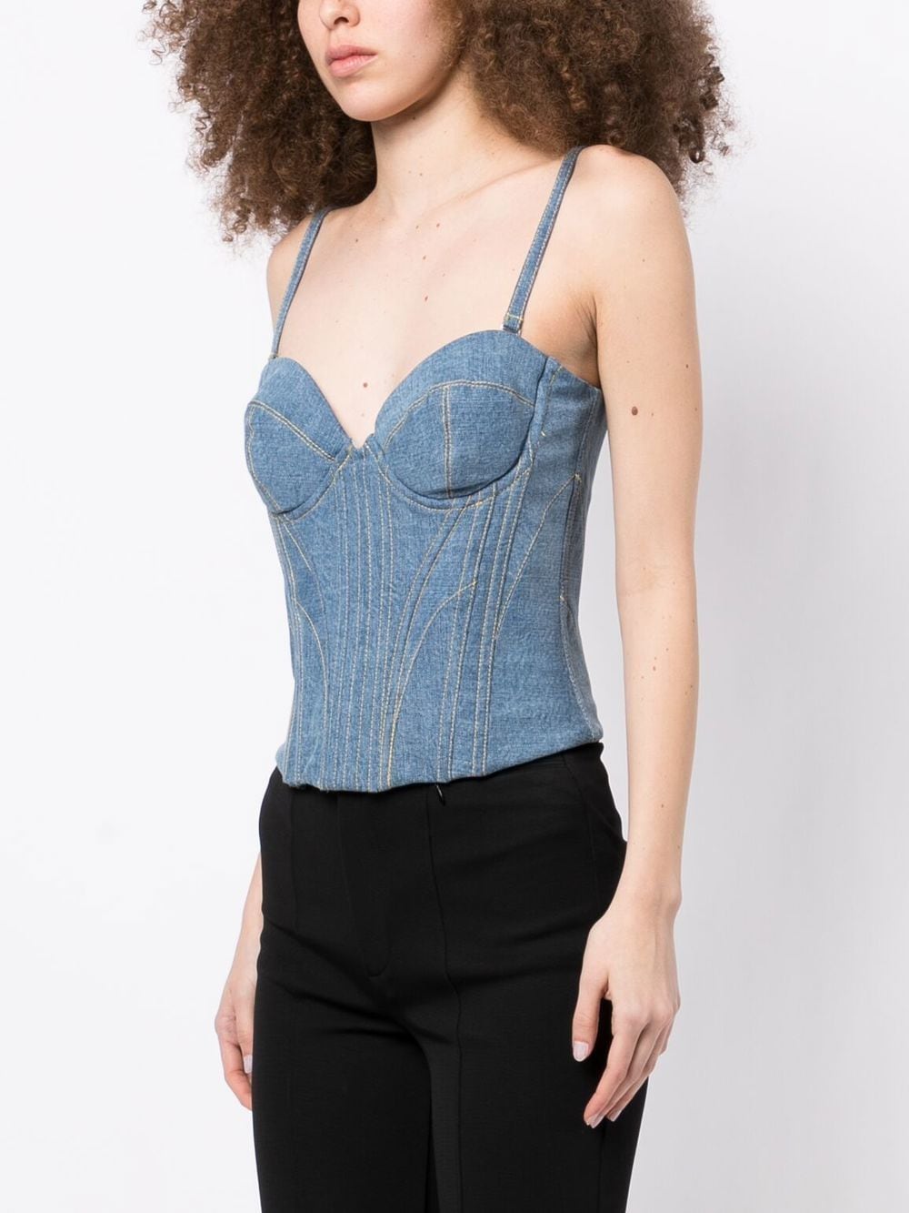 Miss Selfridge Denim Contrast Stitch Corset Bralet Top in Blue