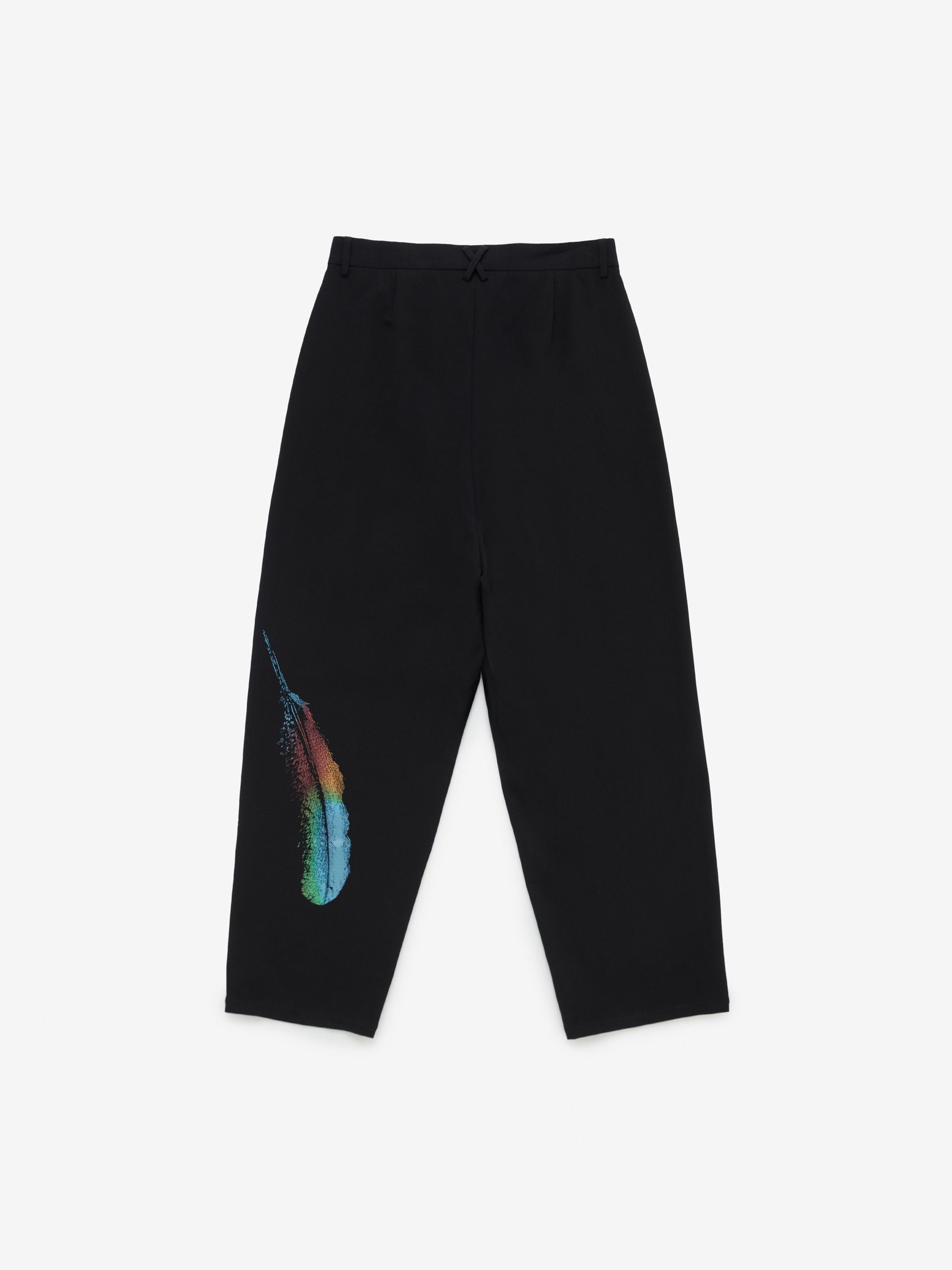 Feather Over pleated trousers from Marcelo Burlon County of Milan featuring black/multicolour, pleat detailing, graphic print to the rear, front button and zip fastening and two side slit pockets.