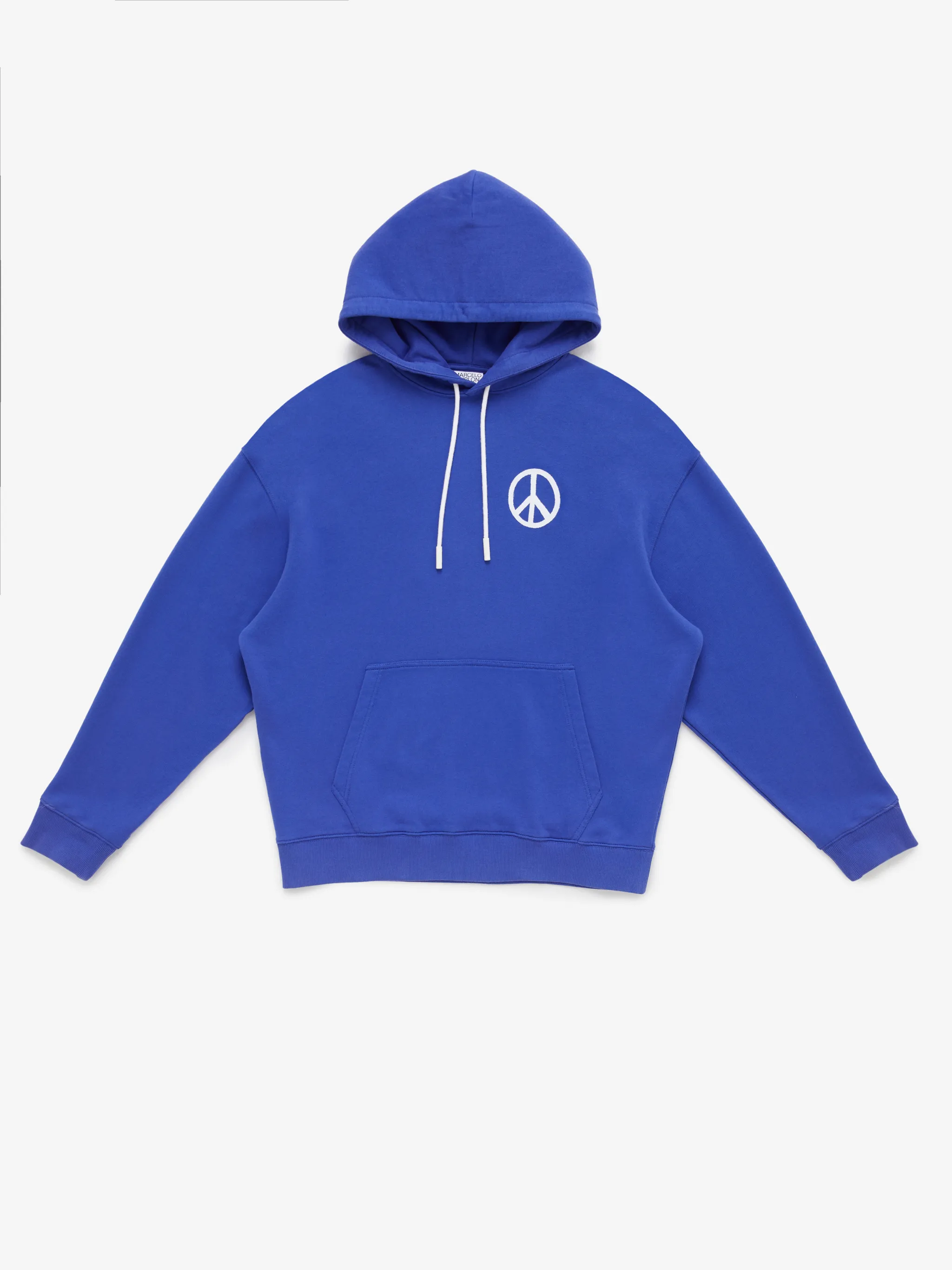 County Peace printed hoodie from Marcelo Burlon County of Milan featuring blue, cotton, peace sign motif, drawstring hood, drop shoulder, long sleeves, front pouch pocket, ribbed trim, straight hem and contrast drawstrings.
