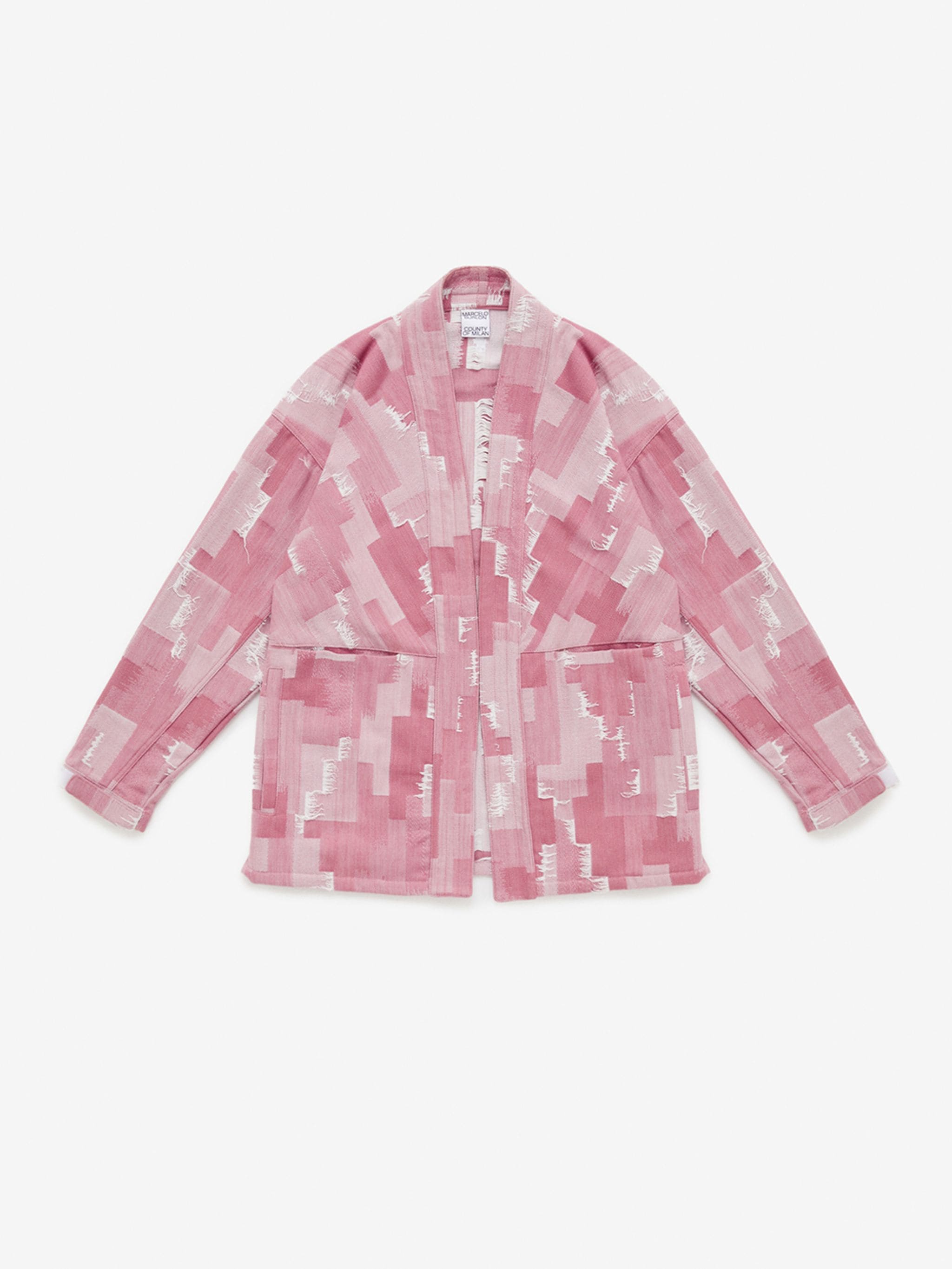 kimono-inspired denim jacket from Marcelo Burlon County of Milan featuring pink, white, denim, all-over logo print, frayed detailing, embroidered logo to the rear, two front patch pockets, long sleeves and straight hem.