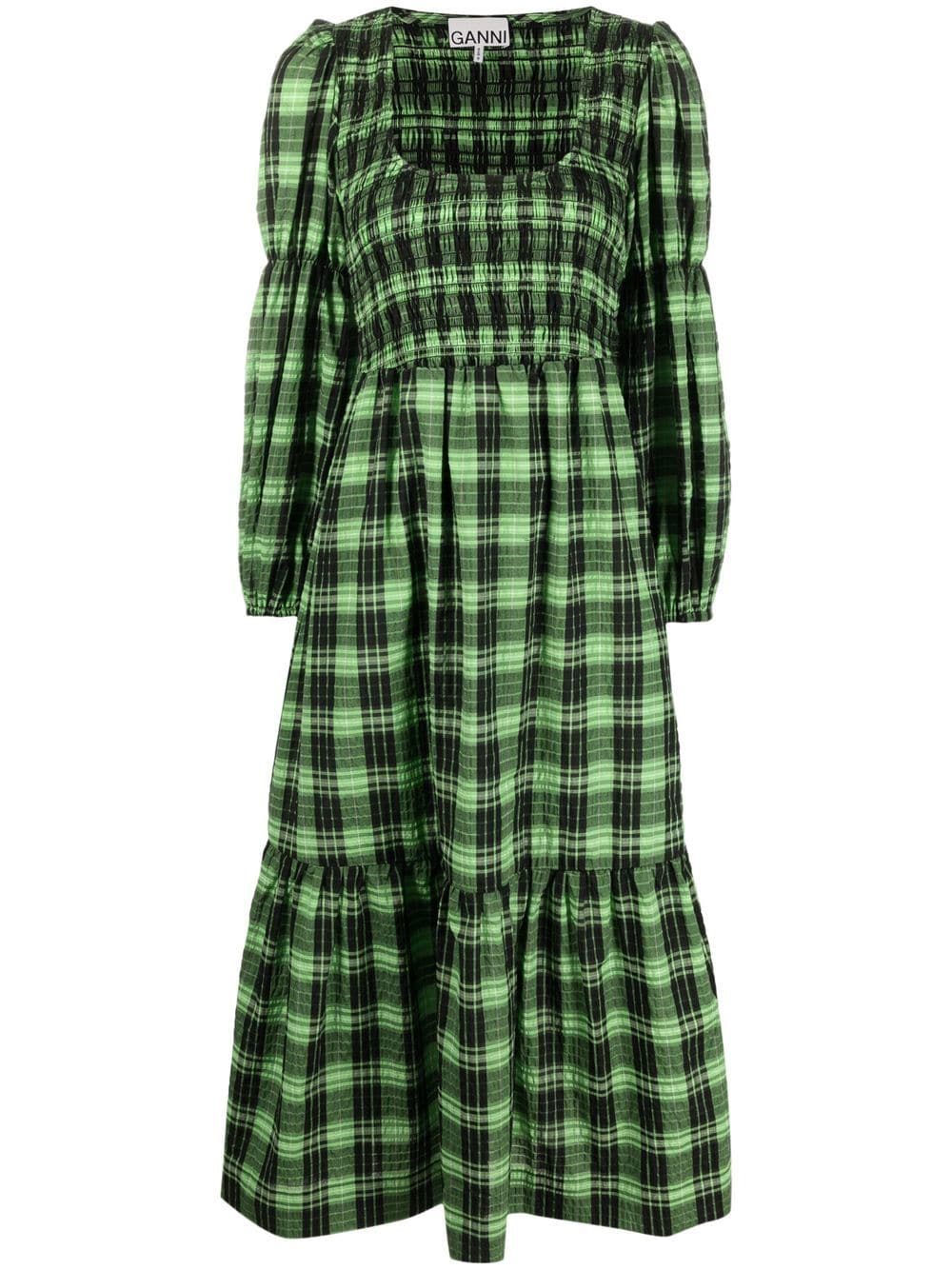 Ganni Check U-neck Long Sleeve Organic Cotton Blend Maxi Dress In