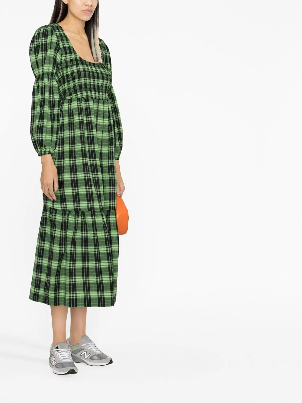 Shop Ganni Seersucker Check Midi Dress In Black