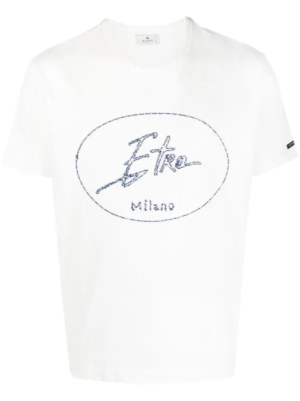 【関税&送料込】Etro Cotton T-Shirt ETRO logo-embroidered Cotton T-shirt | White | FARFETCH