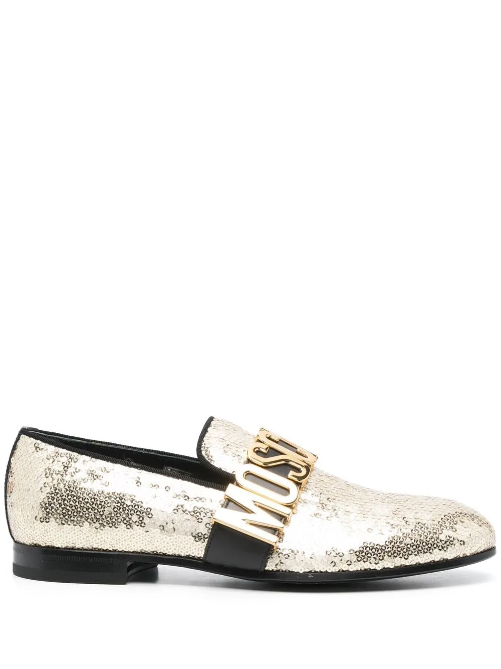 MOSCHINO LOGO-PLAQUE SEQUIN LEATHER LOAFERS