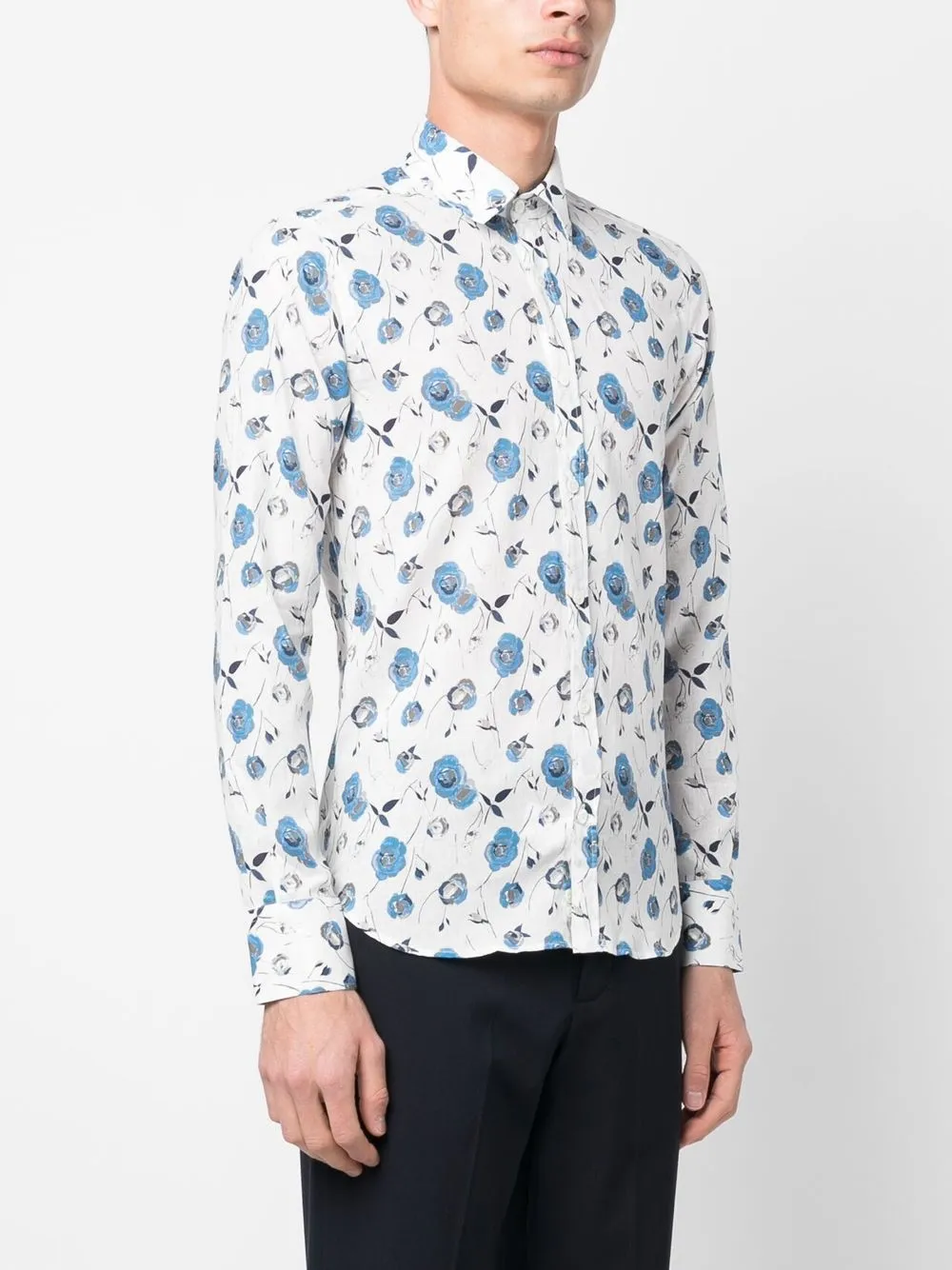 Canali Floral Print Linen Blend Button Down Shirt In White