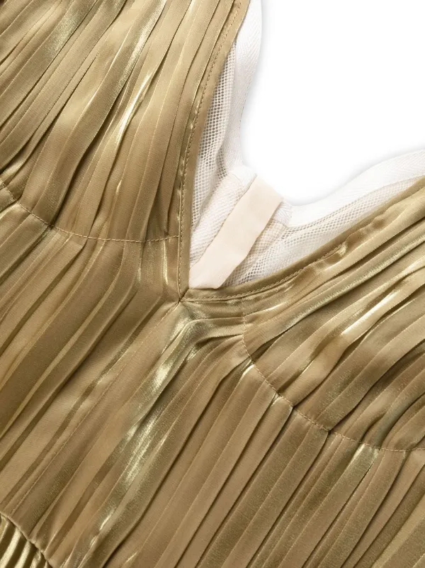 Prada Technical Voile Pleated Midi Dress | Gold | FARFETCH