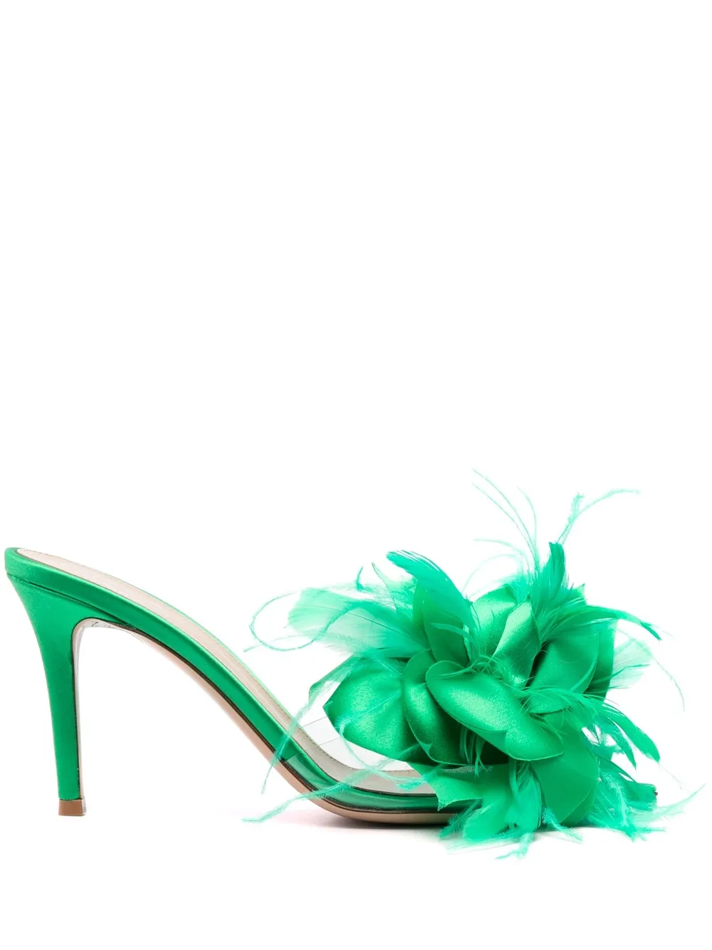 Gianvito Rossi 95mm Feather-applique Detail Mules In Grün