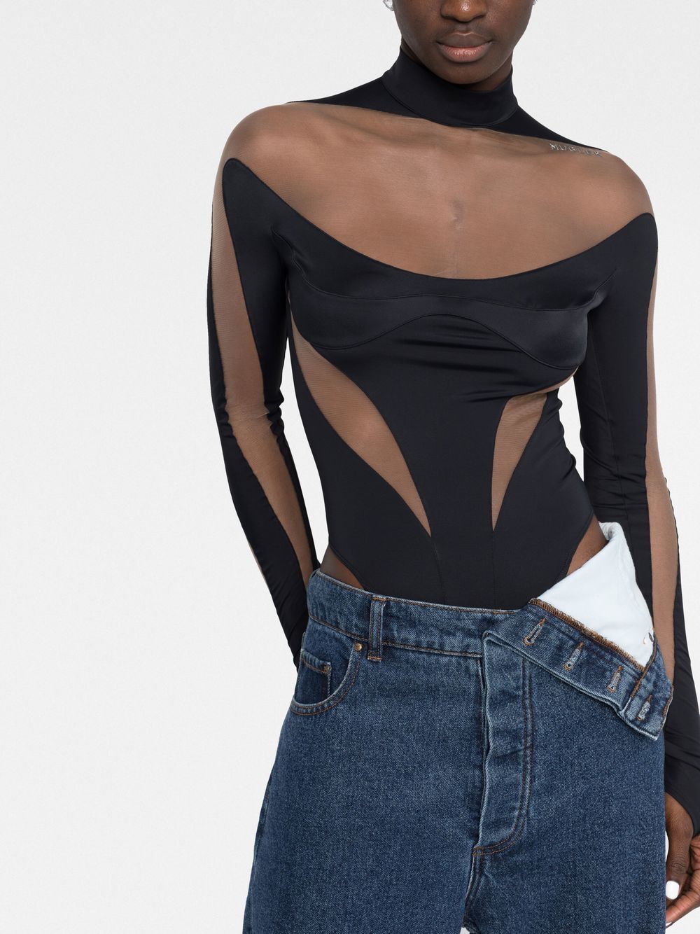 Shop Mugler Illusion Tulle-insert Bodysuit In Black