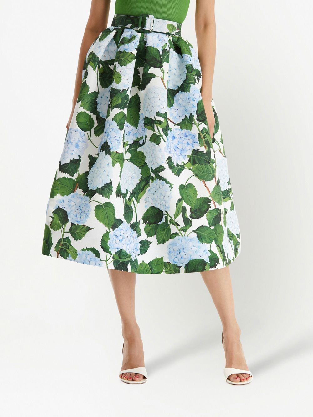 Shop Oscar De La Renta Floral-print Belted Midi Skirt In Weiss