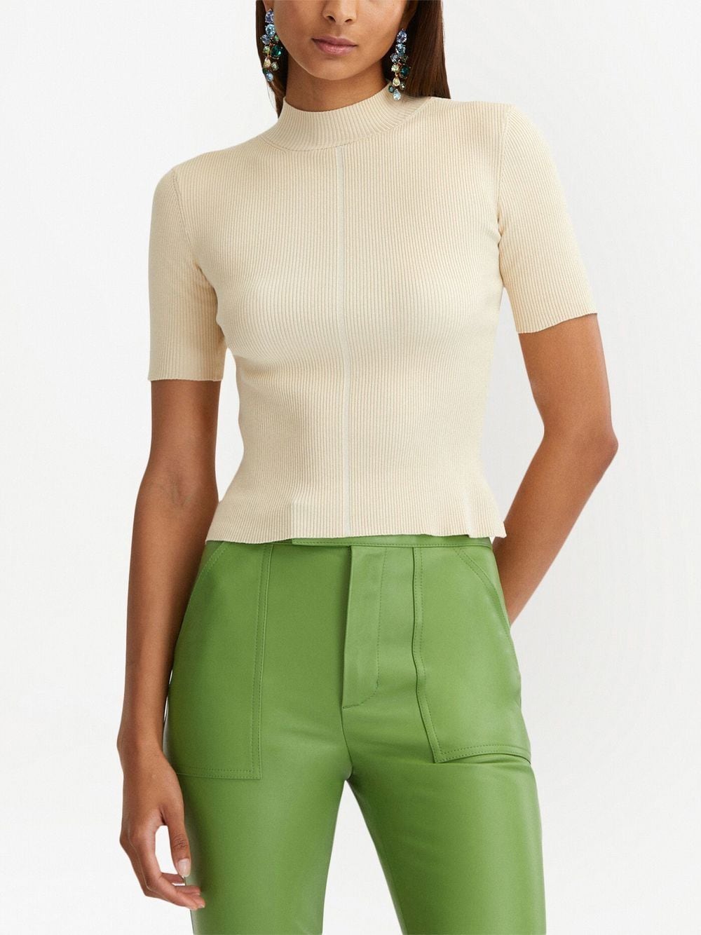 Shop Oscar De La Renta Ribbed Short-sleeved Knitted Top In Neutrals