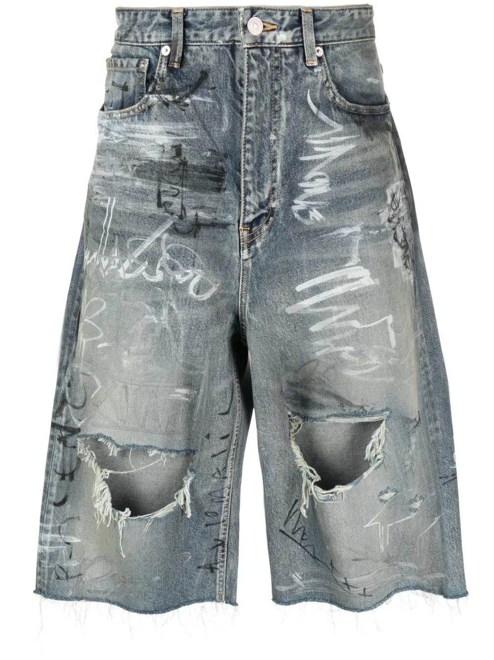 BALENCIAGA Straight-Leg Distressed Printed Denim Shorts for Men