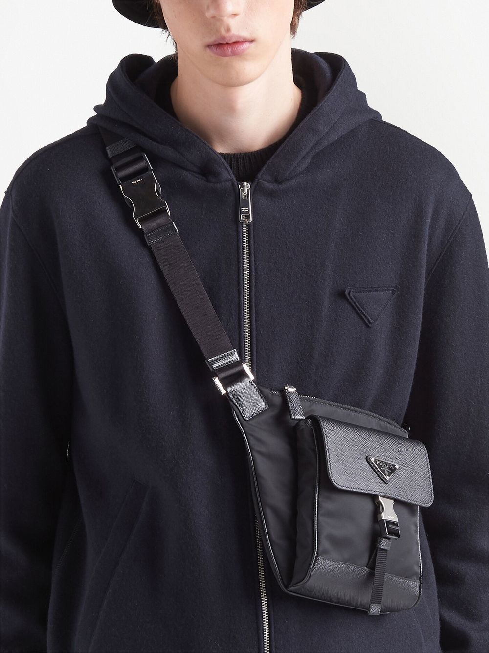 Shop Prada Recycled Nylon Saffiano Leather Shoulder Bag In Black