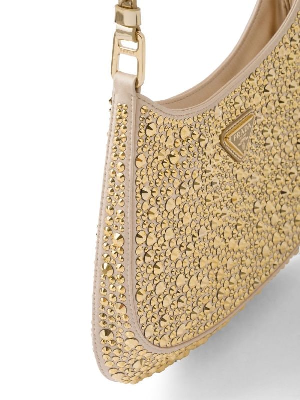 Prada Gold Tone Crystal Embellished Bucket Bag in Natural