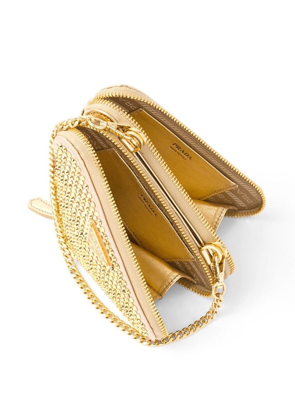 Shop Prada Mini Triangle Crystal-embellished Crossbody Bag In Gold