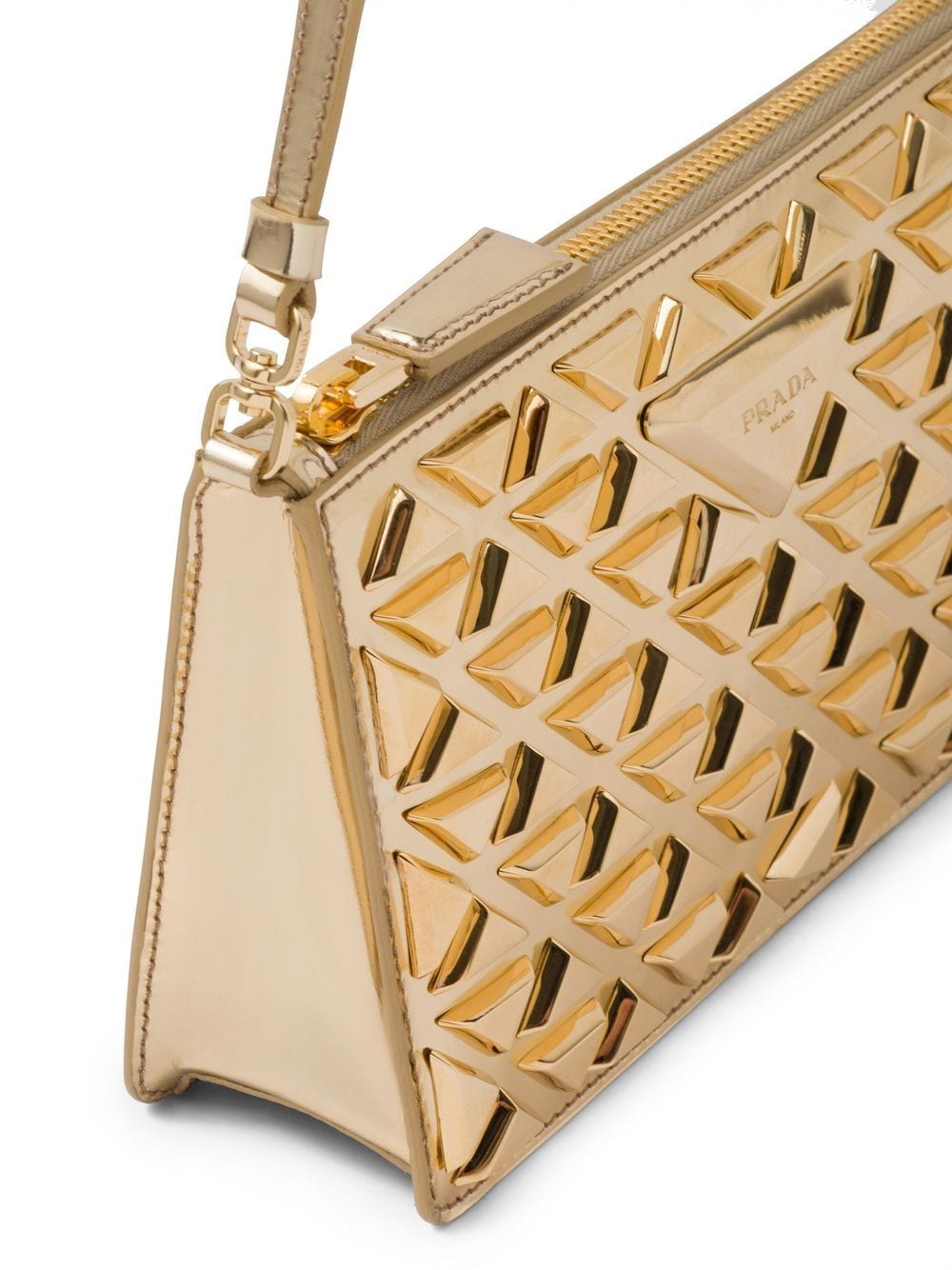 Shop Prada Mini Studded Triangle Logo Leather Shoulder Bag In Gold
