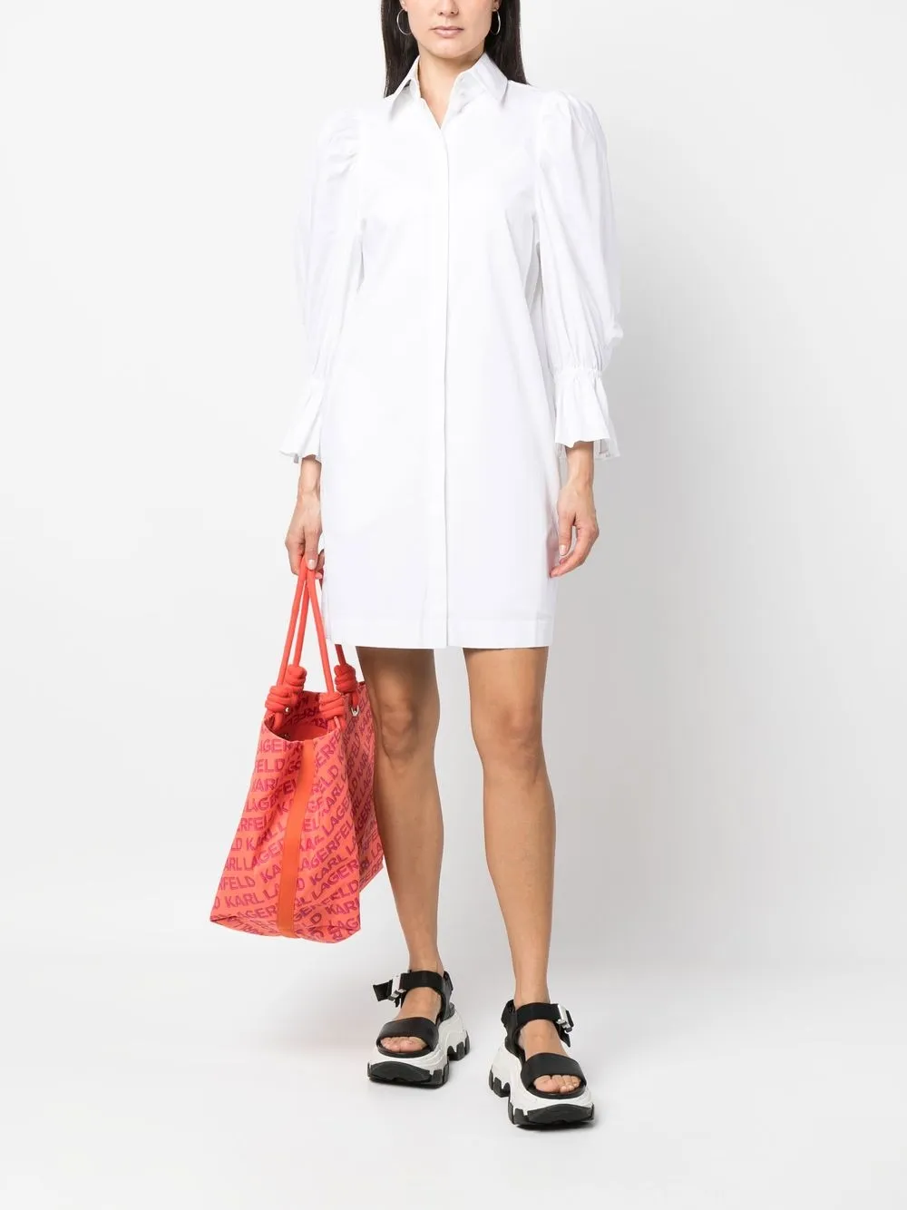 Shop Karl Lagerfeld Puff-sleeve Organic-cotton Shirt Dress In White