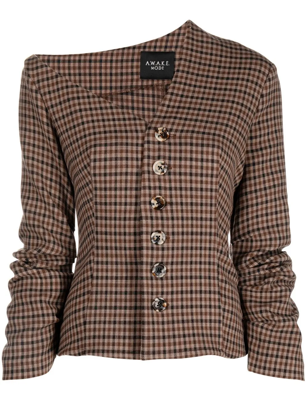 

A.W.A.K.E. Mode gingham-check asymmetric shirt - Brown