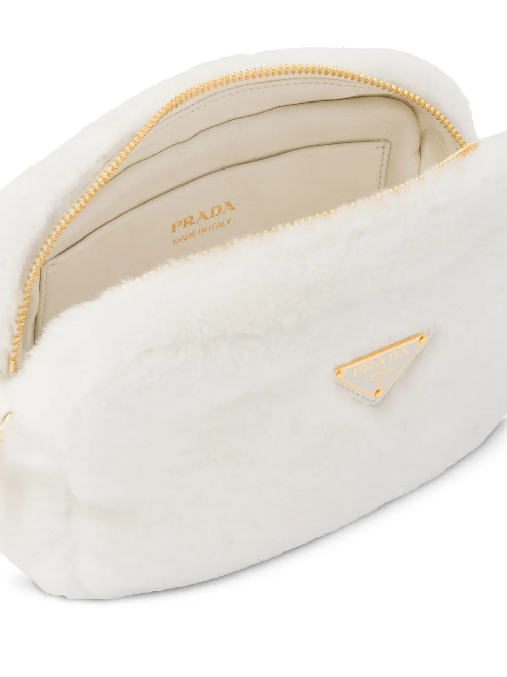 Prada Triangle-plaque Shearling Shoulder Bag In F0009 White