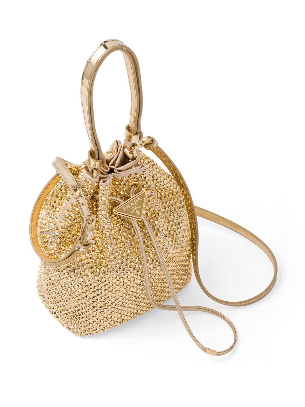Shop Prada Gold Tone Crystal Embellished Bucket Bag