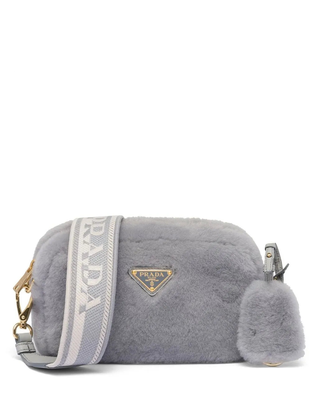 Prada triangle plaque Shearling Shoulder Bag Grey FARFETCH UK