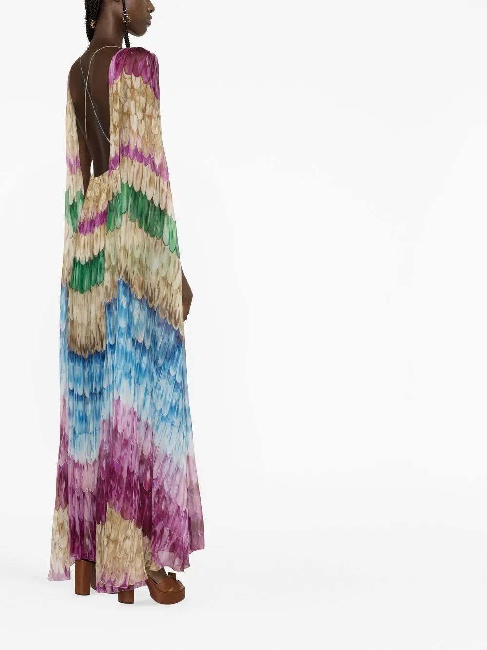 Valentino Multicolor Golden Wings Draped Chiffon Gown In Neutrals