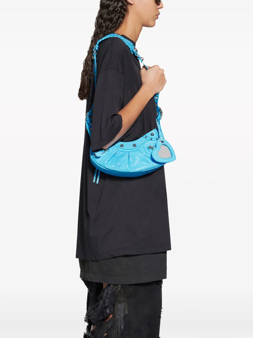 Balenciaga Le Cagole Xs Crocodile Embossed Leather Shoulder Bag In Blue