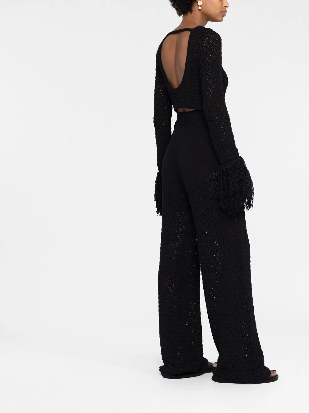 Rotate Birger Christensen Open-back Fringed Crop Top In Black