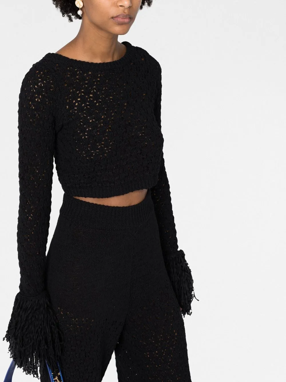 Rotate Birger Christensen Open-back Fringed Crop Top In Black