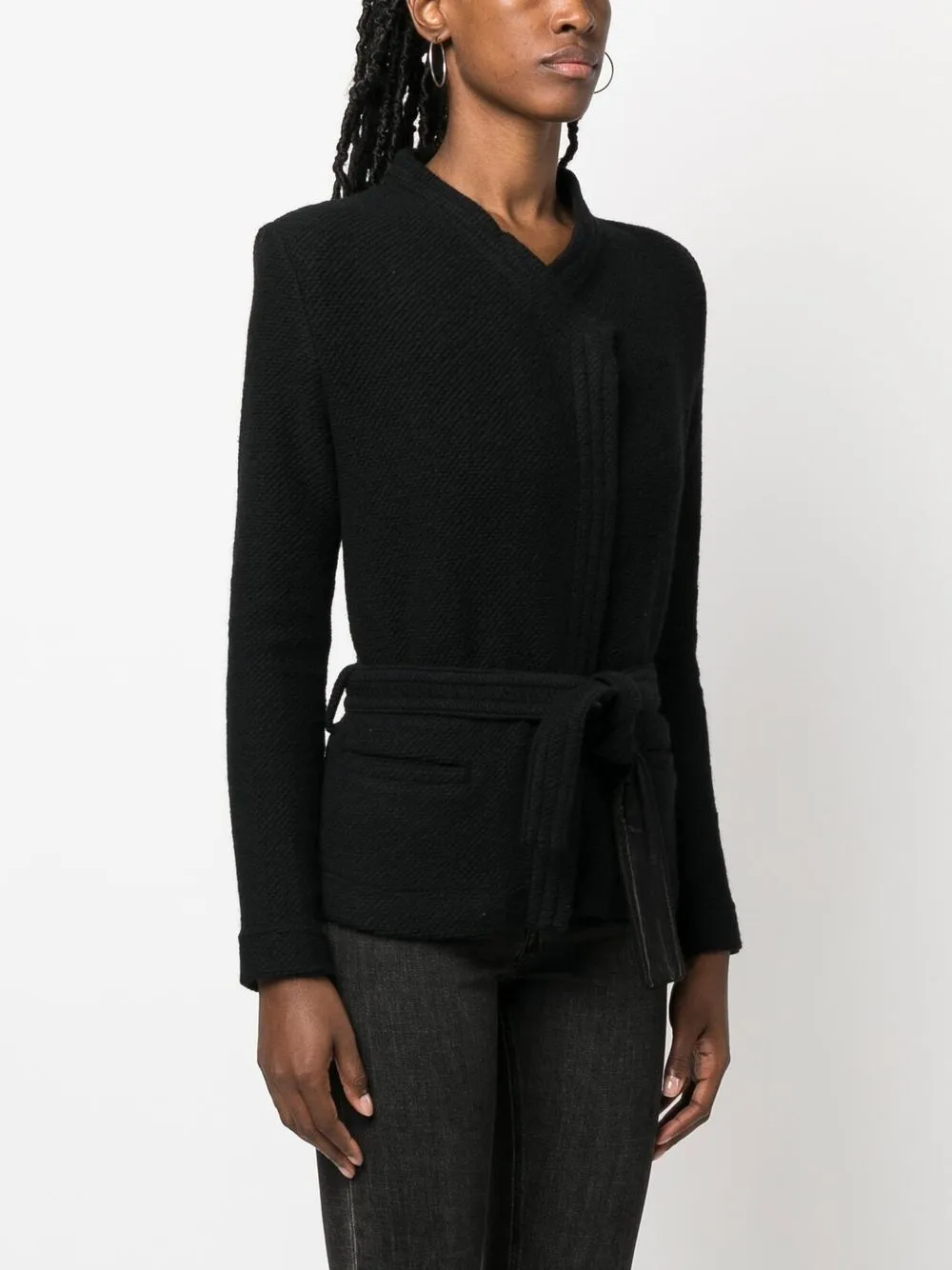 Shop Iro Embossed-finish Belted Jacket In Black