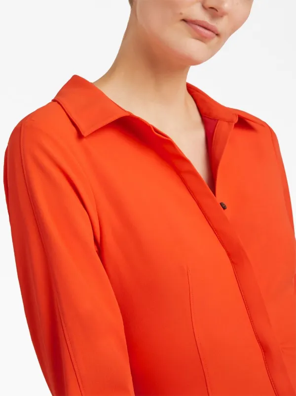 orange long sleeve button up dress Orange Cotton Poplin Fit and Flare Short Button-Down Shirt Dress 44" / Custom Height (Free)