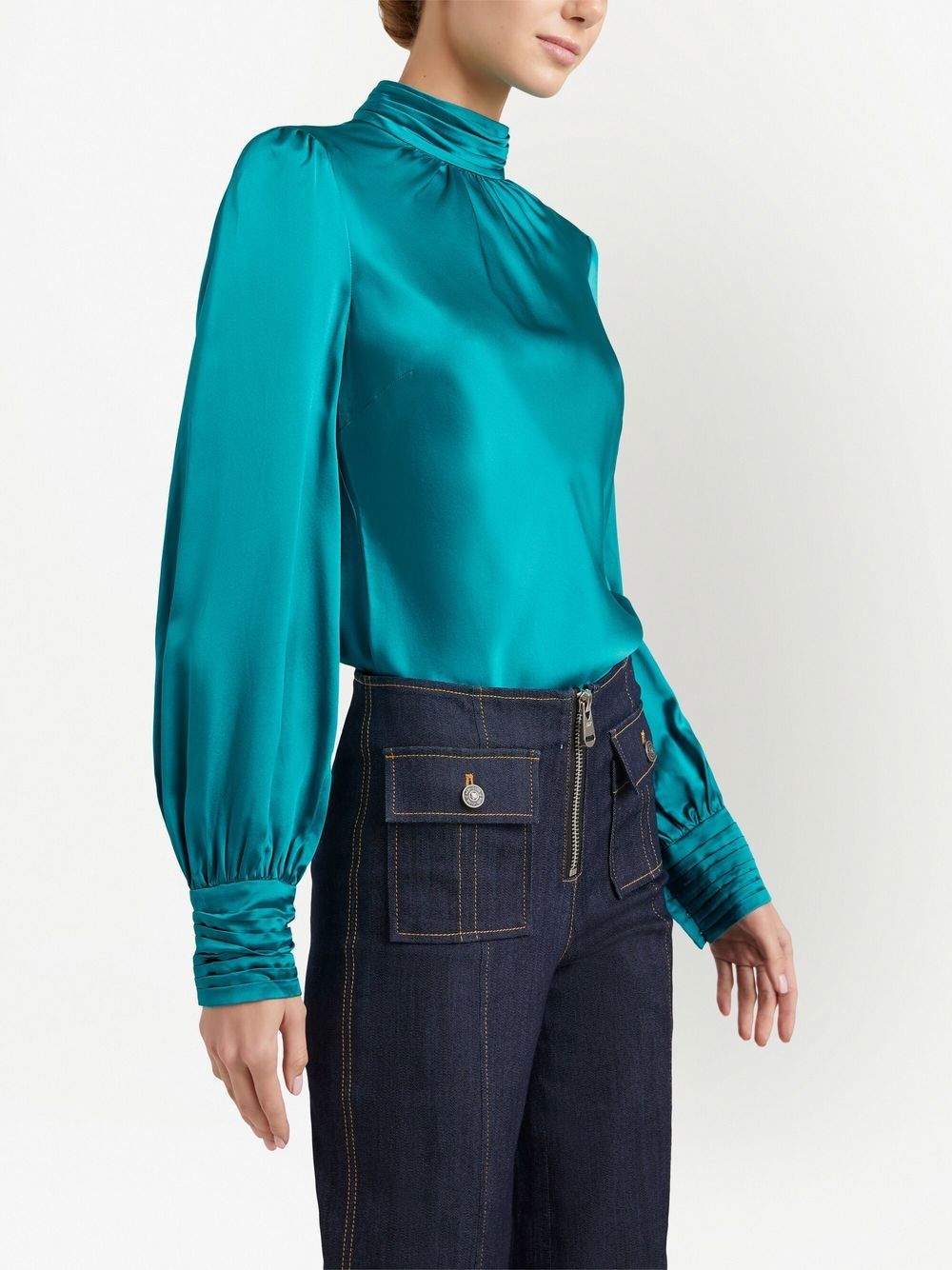 Shop Cinq À Sept Jem High-neck Long-sleeve Silk Blouse In Blue