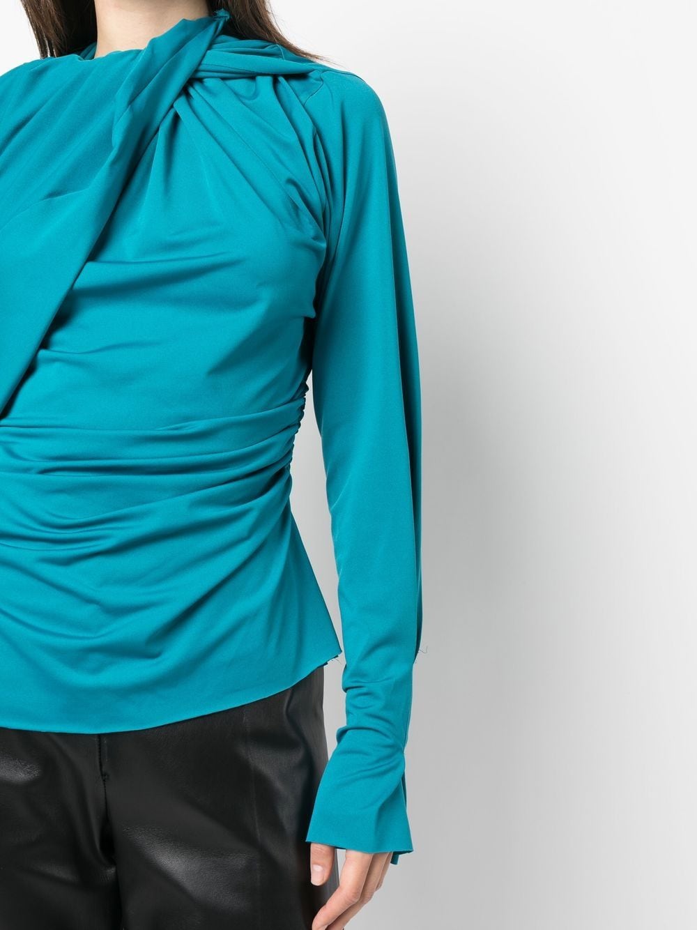 Shop Atlein Gathered-drape Long-sleeve Top In Blau
