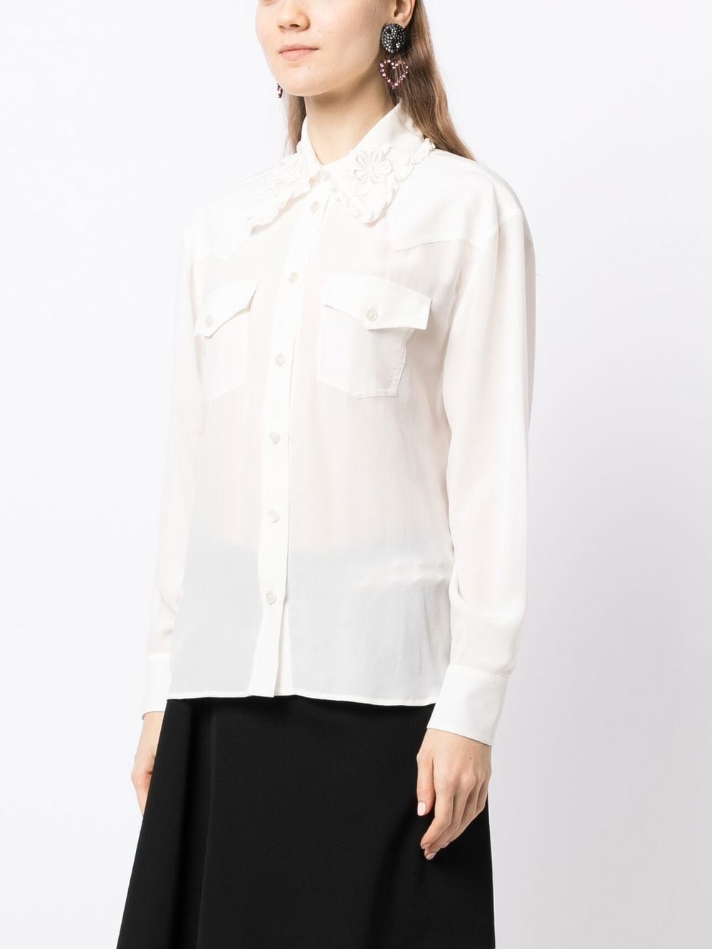 Shop Alessandra Rich Floral-embroidered Silk Shirt In Weiss