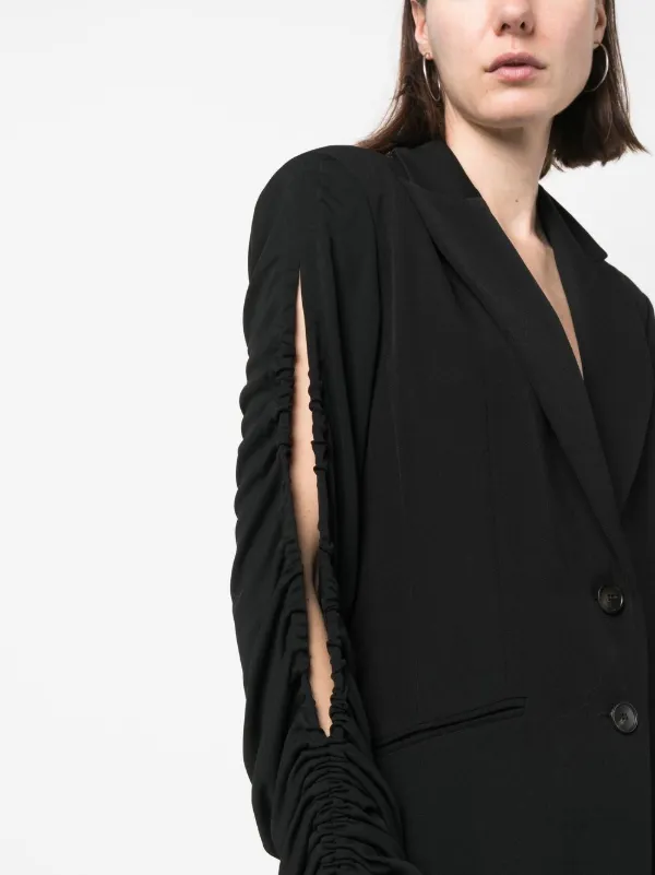 ruched blazer dress Queendancer Women Ivory Pencil Midi Blazer Dress with Slit Satin Ruched  Shawl Lapel Long Sleeves Work Dress with Belt  queendancer