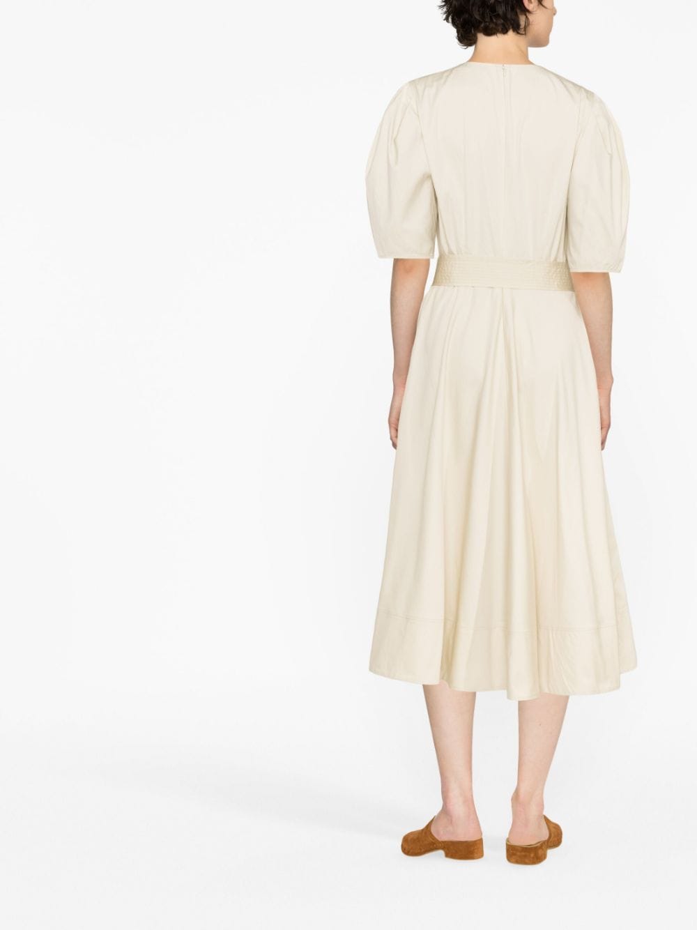 Shop Polo Ralph Lauren Puff-sleeve Cotton Midi Dress In Neutrals