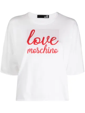 Tシャツ・カットソー LOVE MOSCHINO Woman T-Shirt White W4H6202E1951 A00 LOVE MOSCHINO White Fringe T-shirt Heart Graphic Top