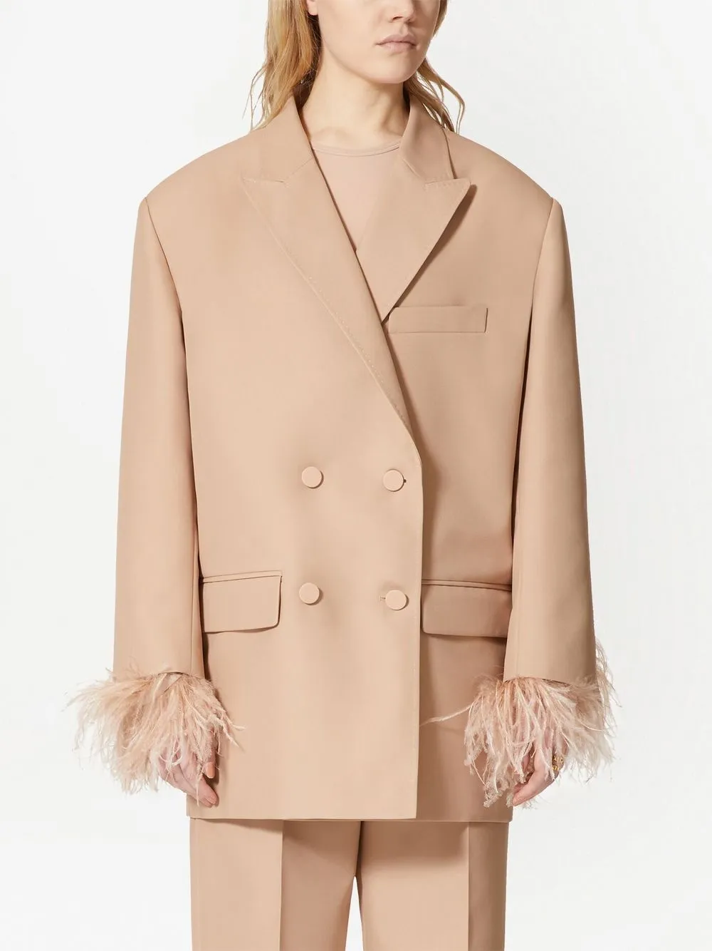 Shop Valentino Feather-detail Double-breasted Blazer In Neutrals