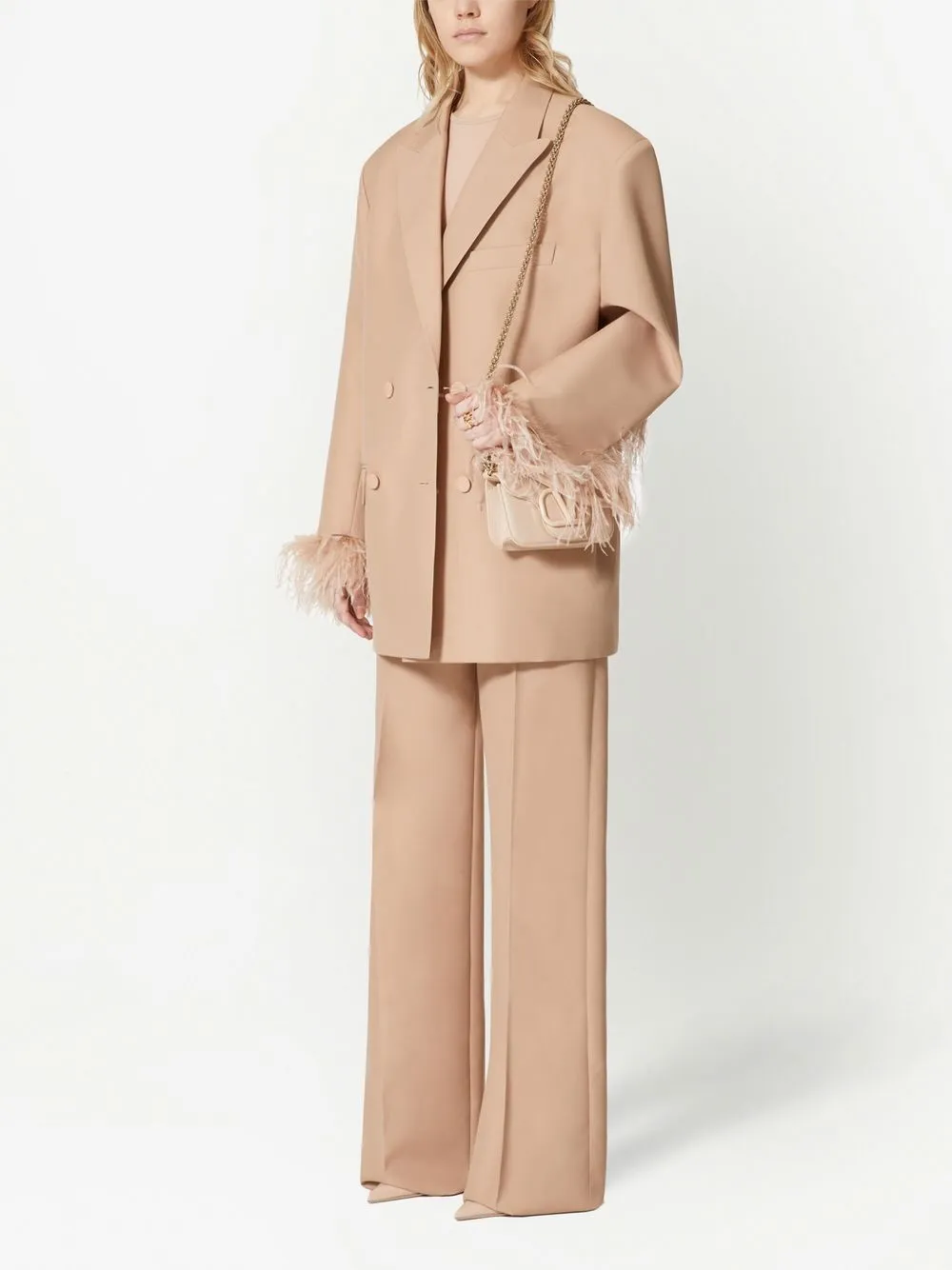 Shop Valentino Feather-detail Double-breasted Blazer In Neutrals