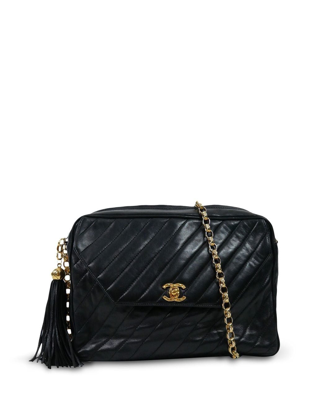 Pre-owned Chanel 1991-1994 Cc Diamond-quilted Tassel Crossbody Bag In Black