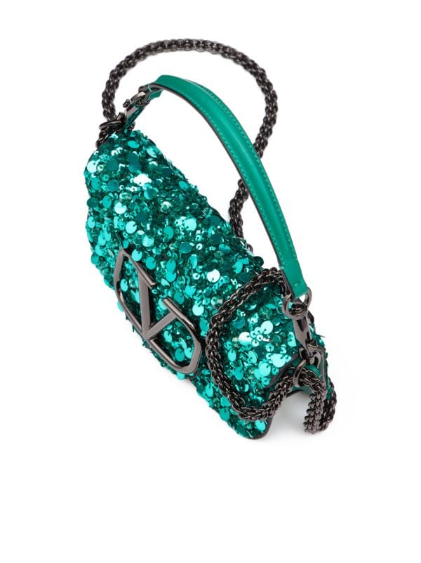 Sequined Shoulder Bag With Vlogo Signature Buckle With Rhinestones by  Valentino in Green color for Luxury Clothing