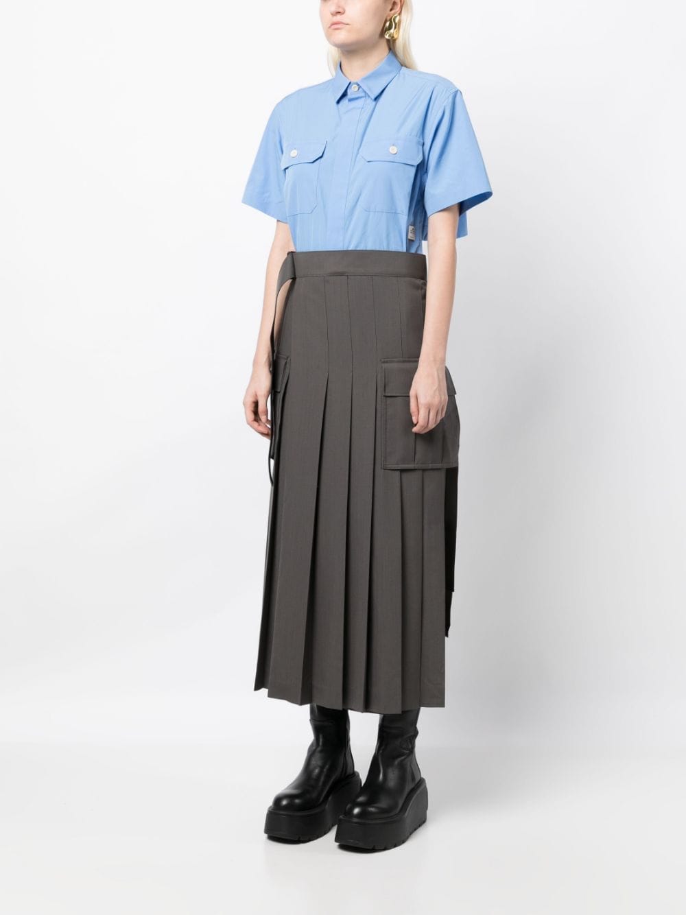 Shop Sacai Layered Pleated Cotton Dress In Blue