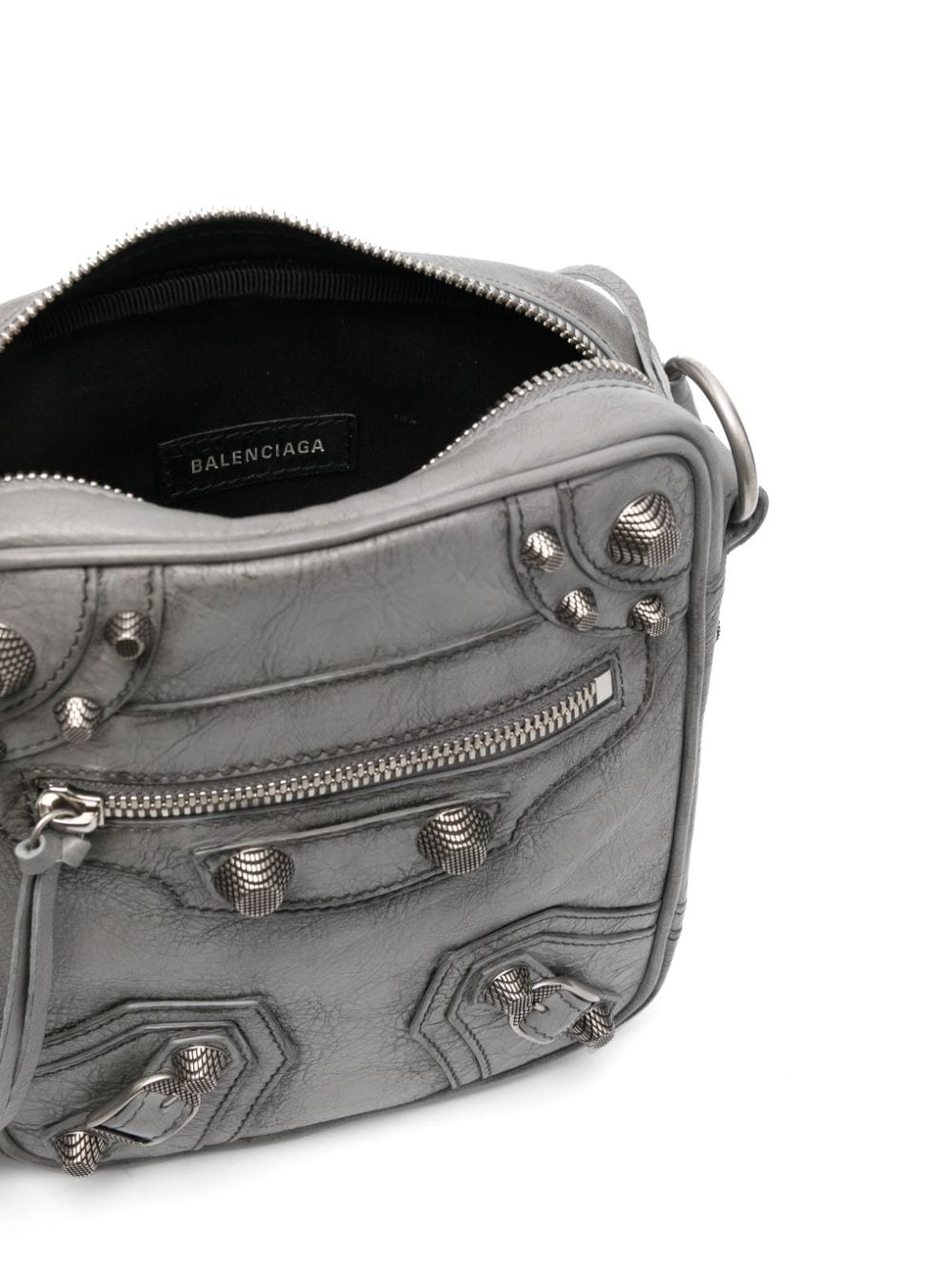 Shop Balenciaga Le Cagole Cracked Leather Messenger Bag In Grey