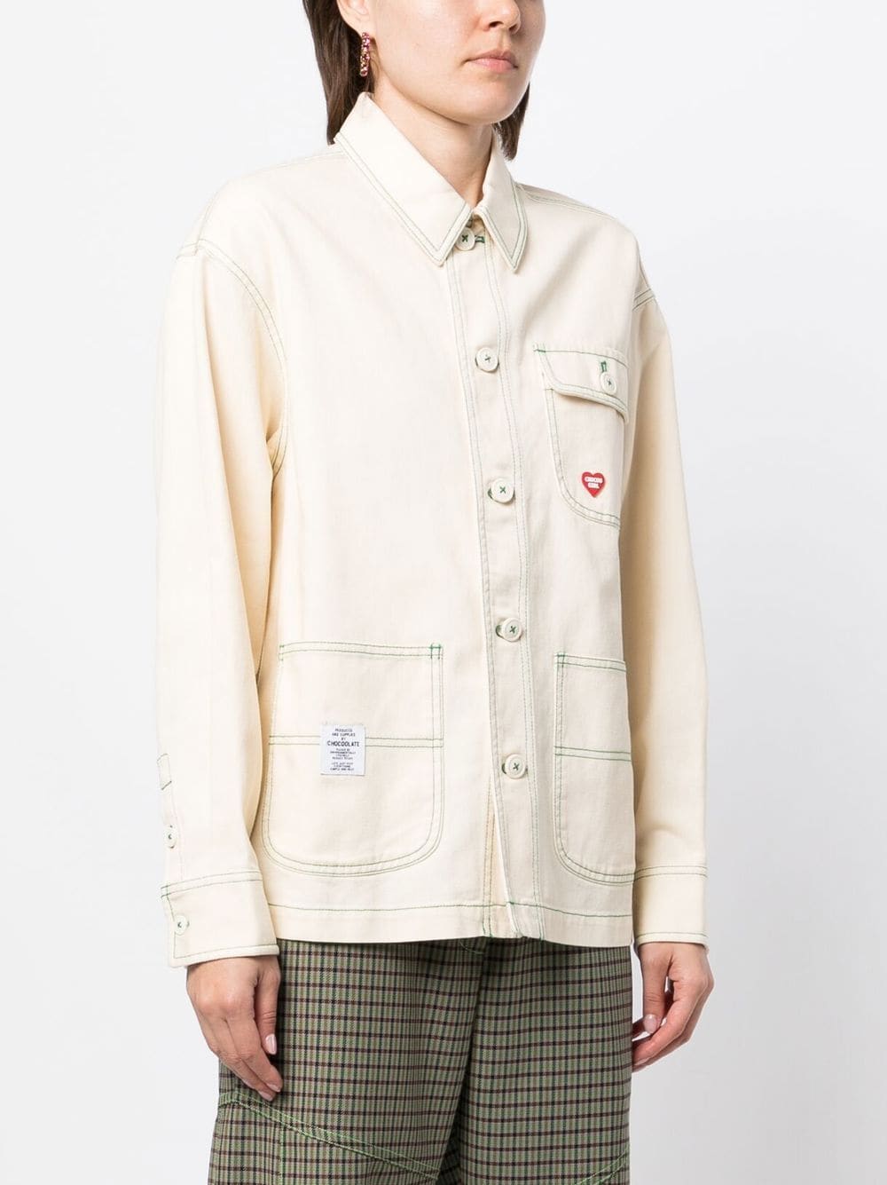 Shop Chocoolate Contrasting-stitch Logo Denim Jacket In Neutrals