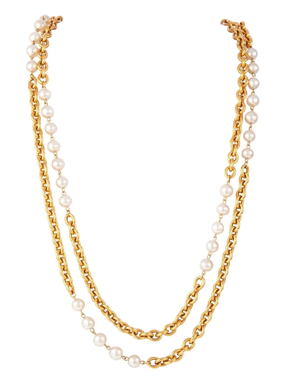 Pre-owned Chanel 1985 Pearl-embellished Double-chain Necklace In Gold