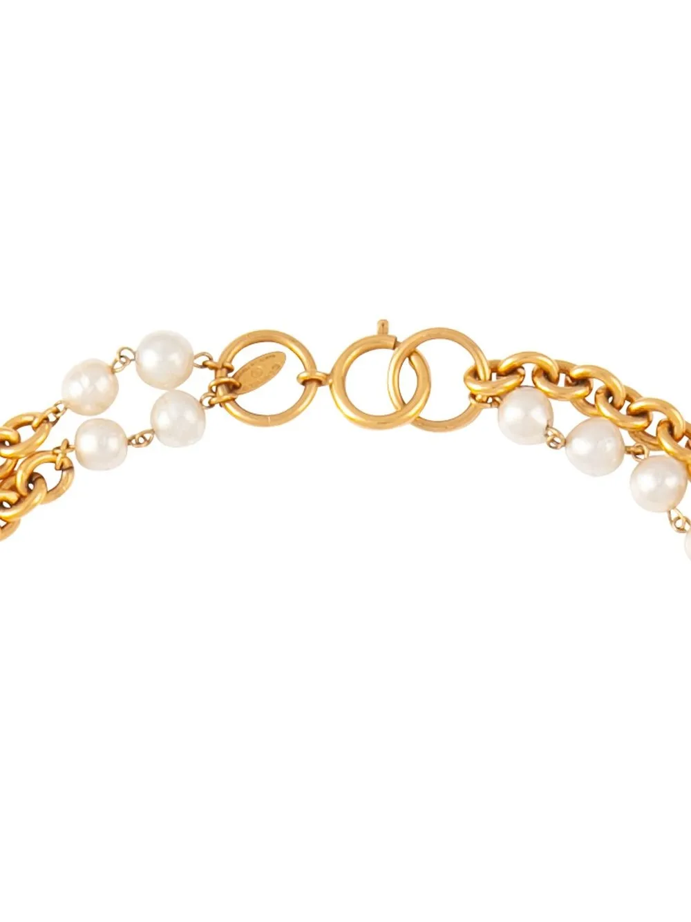 Pre-owned Chanel 1985 Pearl-embellished Double-chain Necklace In Gold