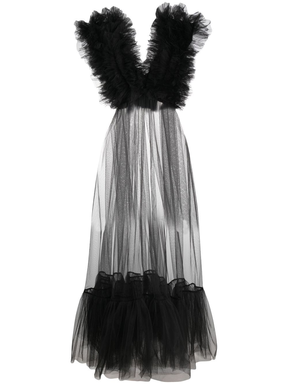 Alchemy Tulle-ruffled Sheer Maxi Gown In Black